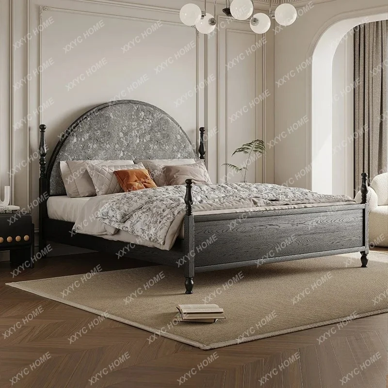 Retro Solid Wood Bed Modern Simple Round Head  Light Luxury Master Bedroom Double Bed Black Princess Bed
