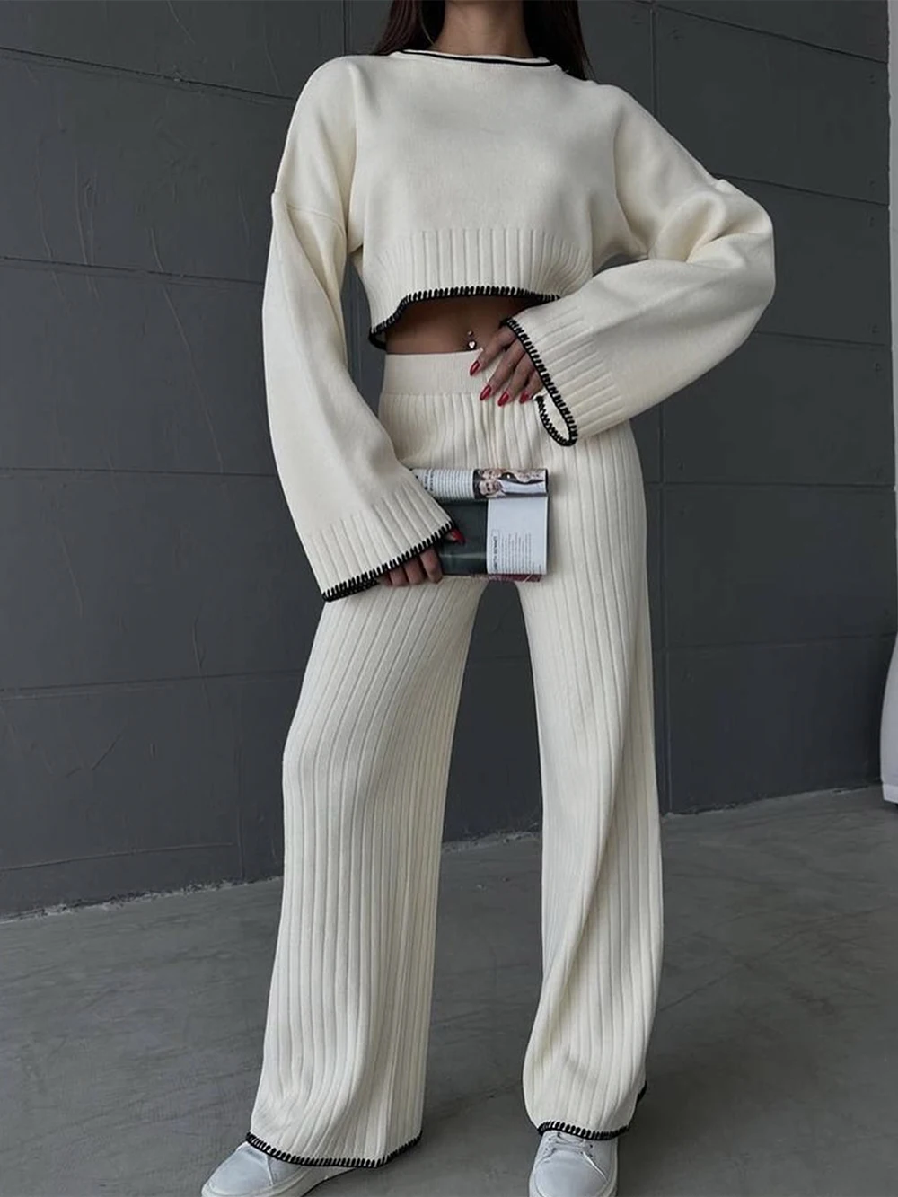 Modphy Casual Autumn Loose Knit Sweater Set Fashion Long Sleeve Pullover Sweater & Wide Leg Pants Two-piece Set