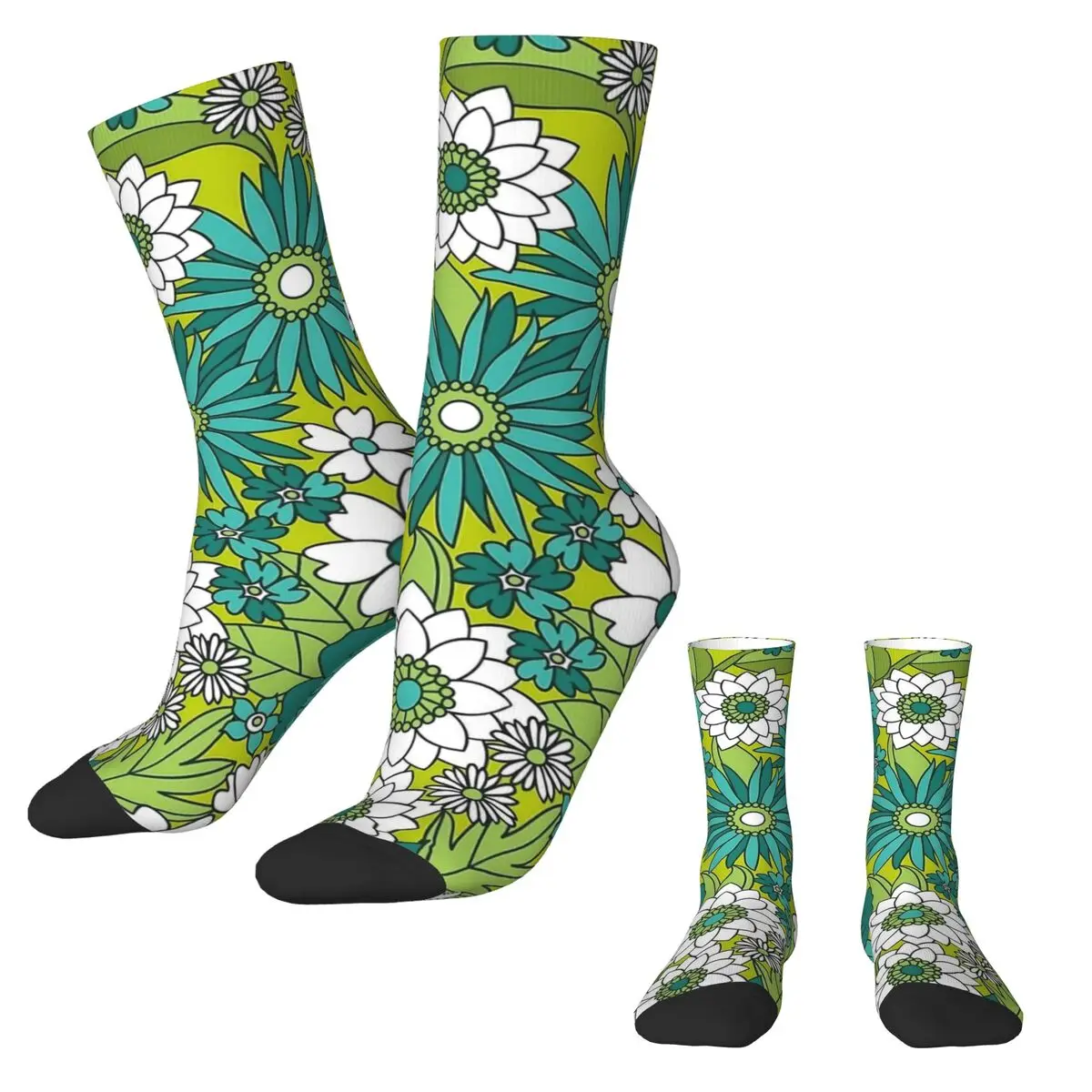 Groovy Flower Power Green Stockings Women Men Socks Soft Breathable Casual Socks Winter Outdoor Sports Anti Slip Design Socks