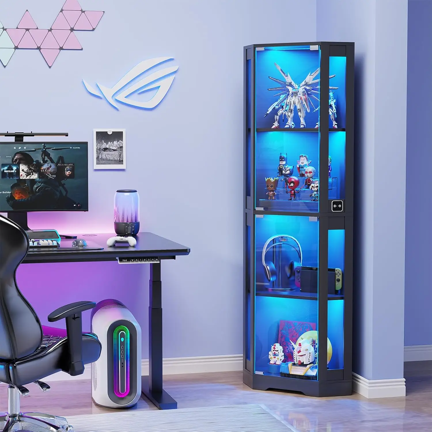 Armário de exibição de vidro de canto de 65" com luzes LED, vitrine de 4 camadas com portas de vidro e sensor de corpo humano, preto