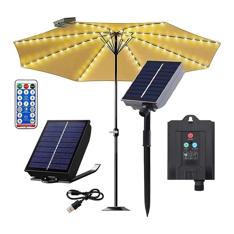 Solar Umbrella Lights With Remote Control, Solar Powered Patio LED Umbrella Lamp With Clip For Garden, 8 Modes 104 LED