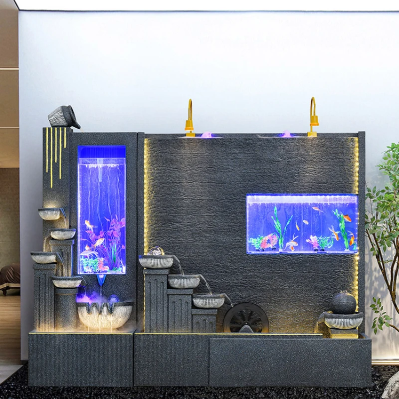 

Large water curtain wall, flowing water ornaments, living room entrance, rockery, fish pond, landscape balcony, office