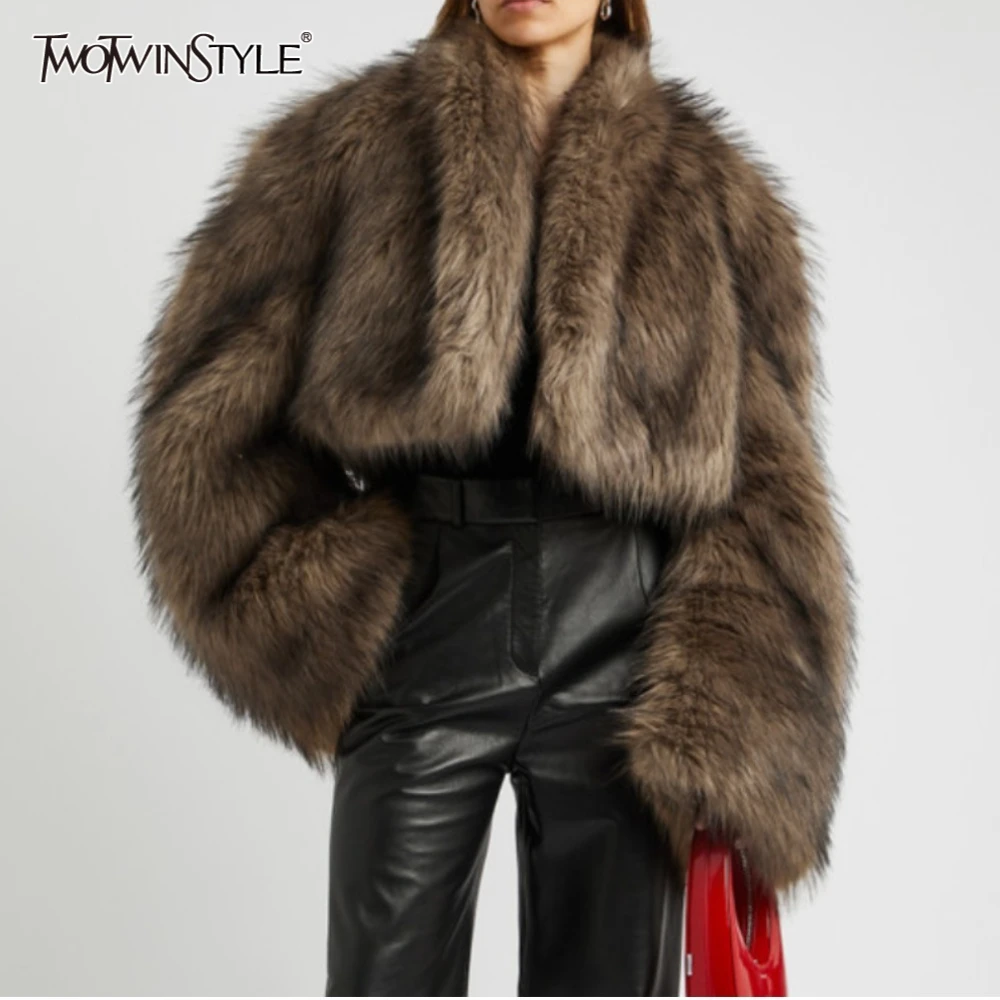 

TWOTWINSTYLE Retro Spliced Imitation Fur Short Jacket for Women Lapel Flare Sleeve Temperament Jackets Female Autumn Clothing