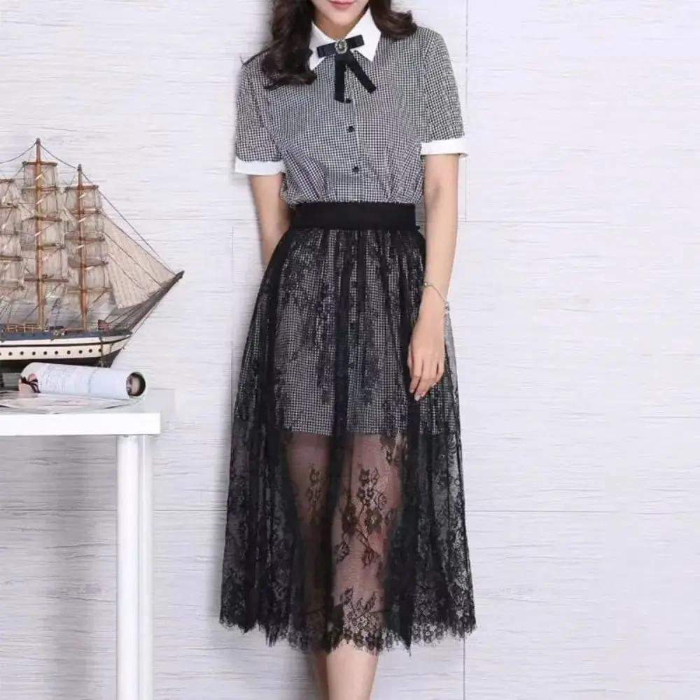 

Fashion A-Line Lace Mesh Skirt High Waist Transparent Long Skirt Elastic Tulle Midi Skirt for Summer