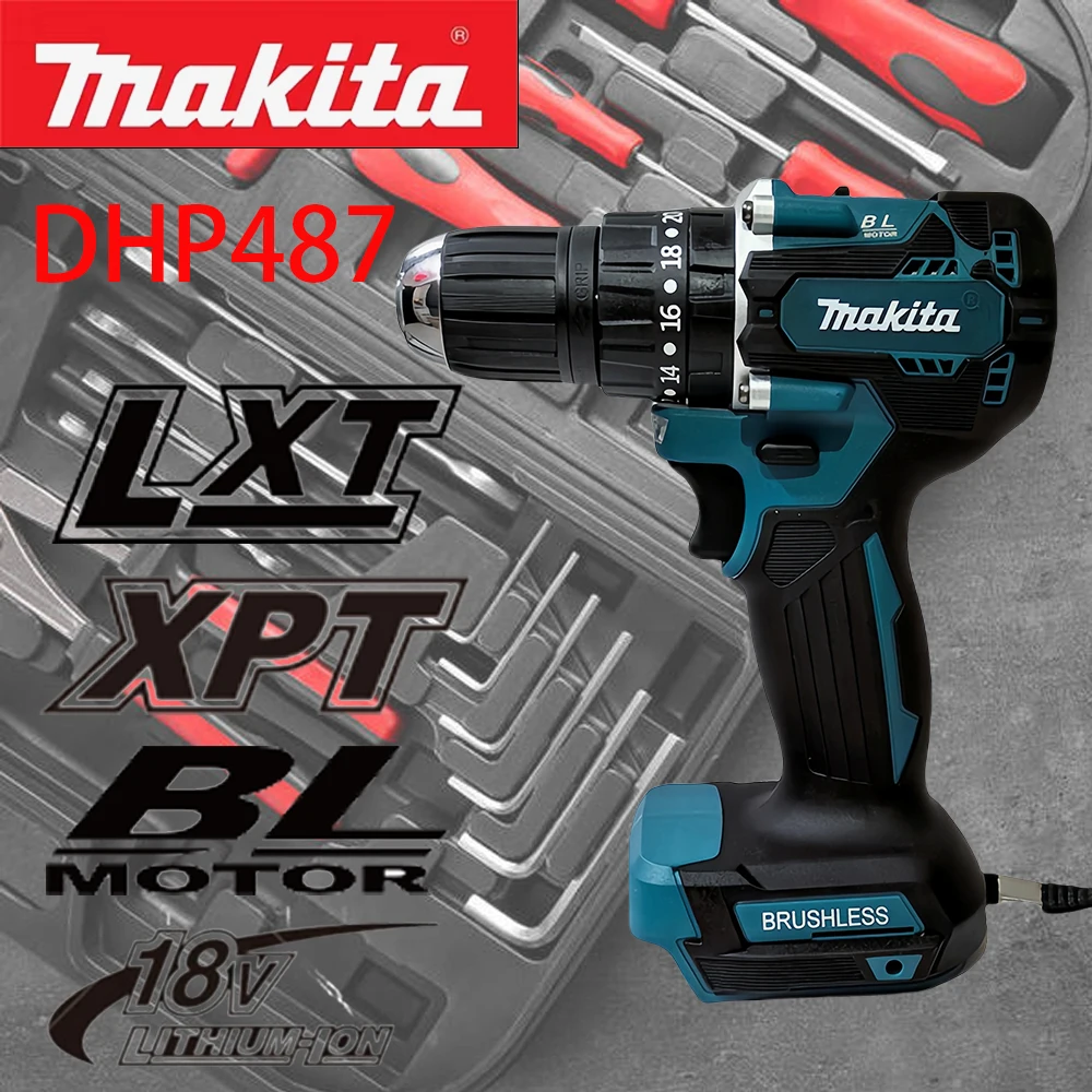 

Makita DHP487 10mm Cordless Hammer Driver Drill 18V LXT Brushless Motor Impact Electric Screwdriver Variable Speed Power Tools