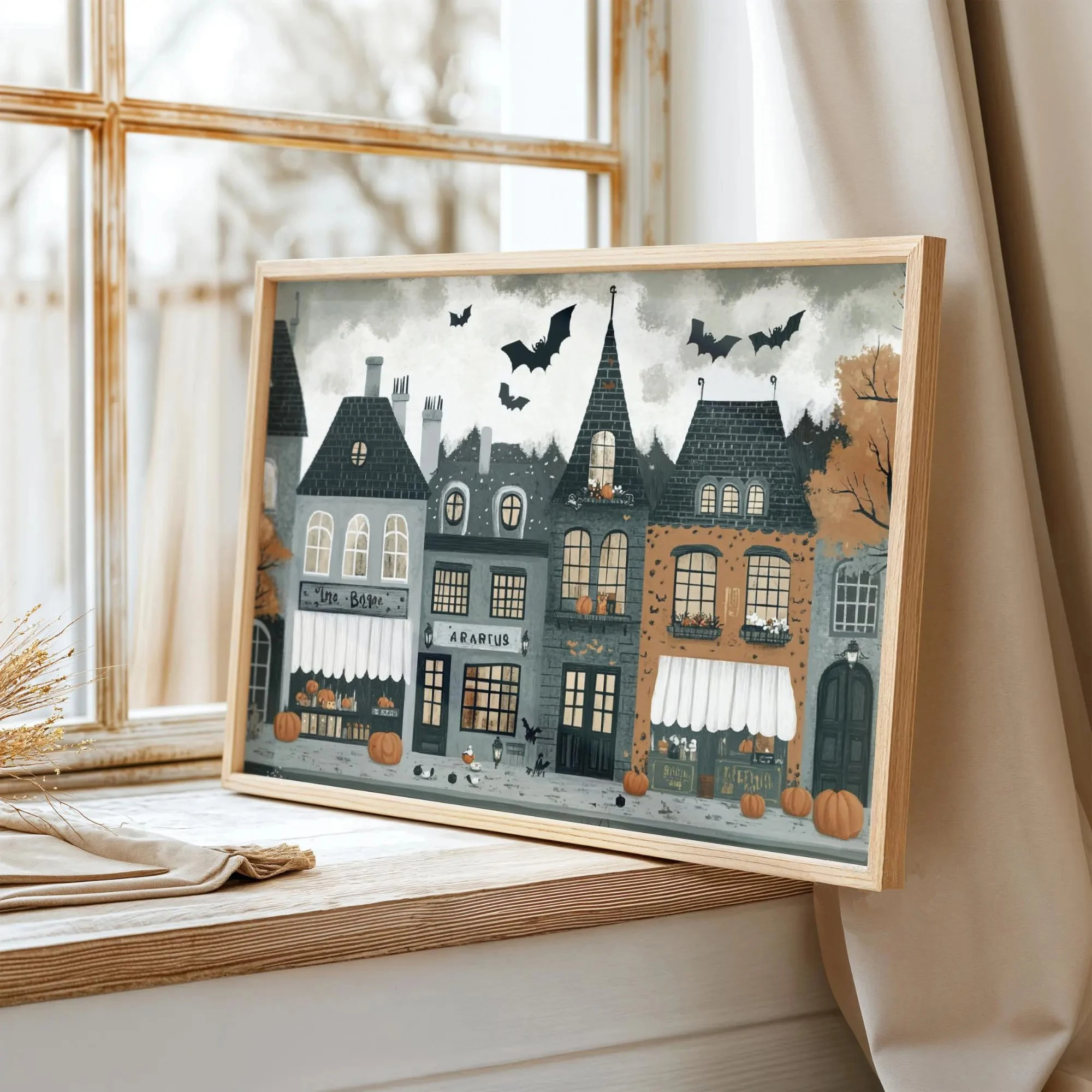 Halloween town wall art poster, Halloween ghost town canvas print, spooky seasonal print, spooky Halloween art, home decor