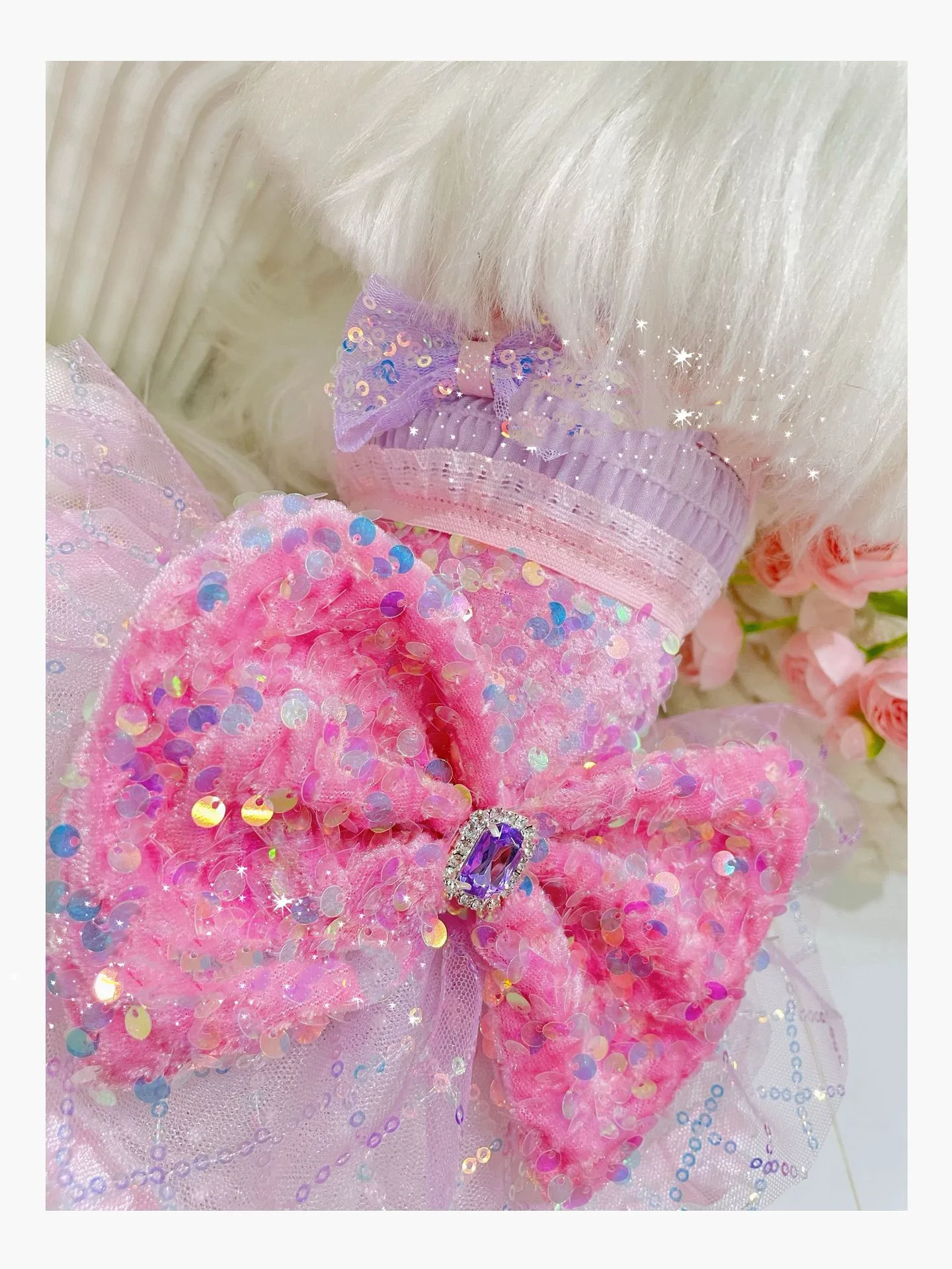

Pink Large Bow Sequined Cute Pet Dress Party Dog Puffy Skirt