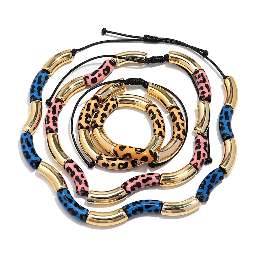 Trendy Colorful Leopard Tube Bead Adjustable Necklace Fashion Acrylic Bamboo Beaded Necklace for Women Men Party Jewelry Gifts