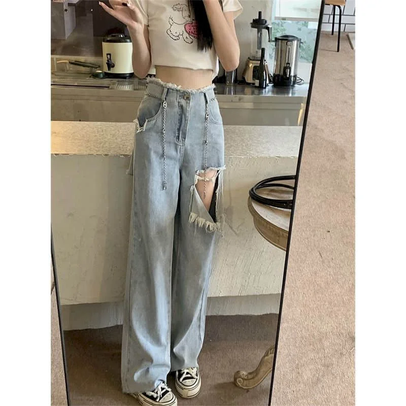 

Oversized Straight Jeans Women Y2k Casual Loose Trousers Streetwesr Women Denim Vintage Clothes Baggy Pants Hole Gothic Pants