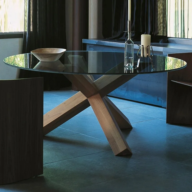 Round Dining Table Villa Large Flat Floor Restaurant Tempered Glass Surface Dining Table