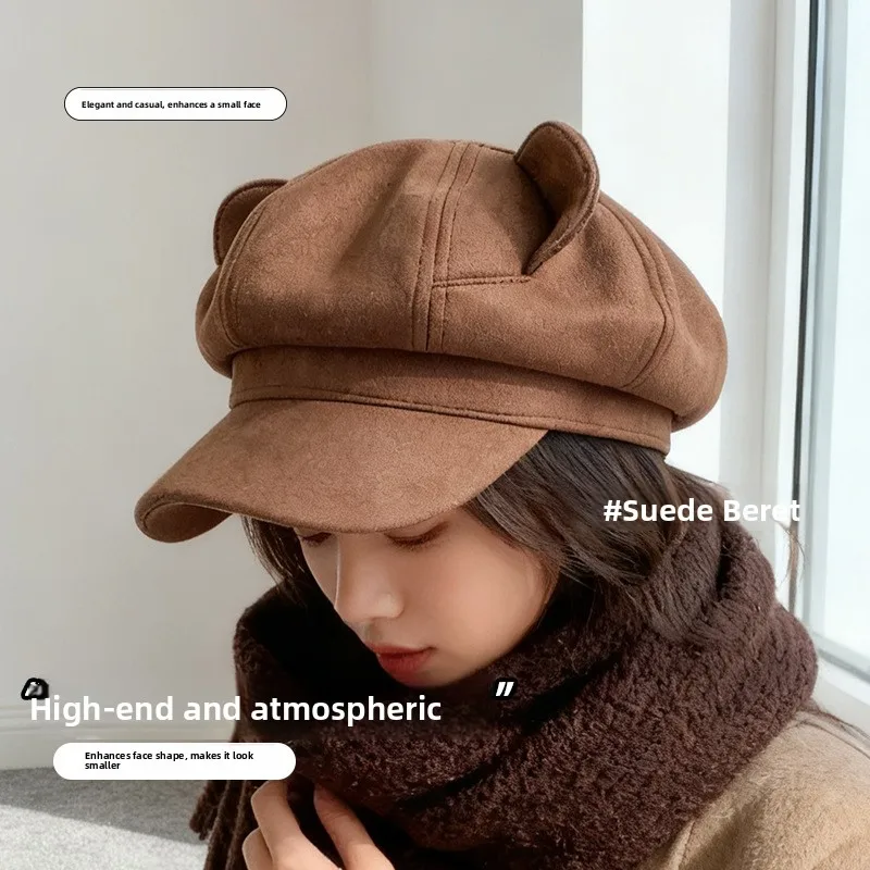 Bear Ear Suede Eight Corner Cap Women's Casual Style Winter Hat Face Slimming Beret Hat Travel Outdoor Leisure Fashionable