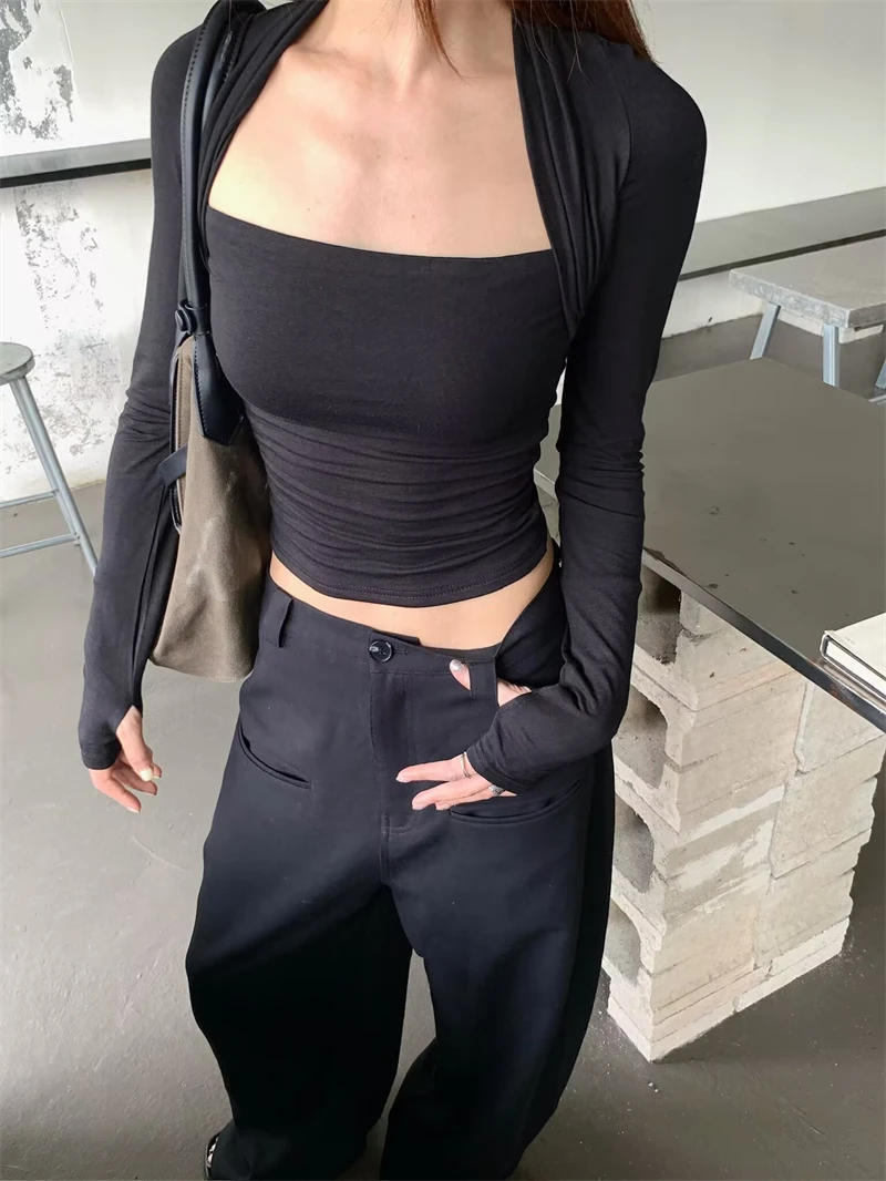 

Осень-весна 2026, топы в корейском стиле для девочек, тонкие черные сексуальные футболки из двух предметов с длинными рукавами, женские футболки femme (S6858)