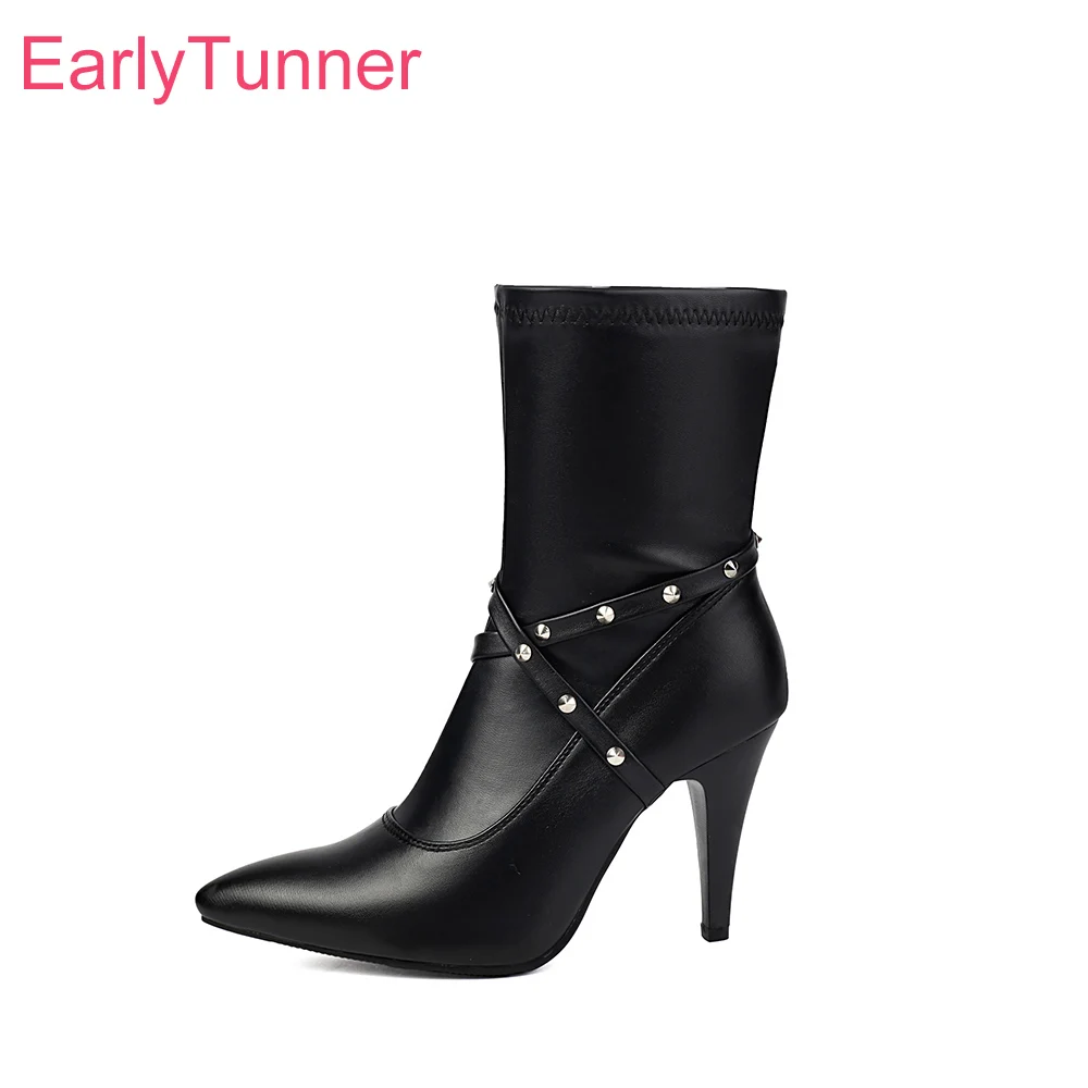 

2025 Новые зимние черные, бежевые женские сапоги до середины икры с острым носком на высоком тонком каблуке, женская обувь для вечеринок, большие размеры 43 46 48