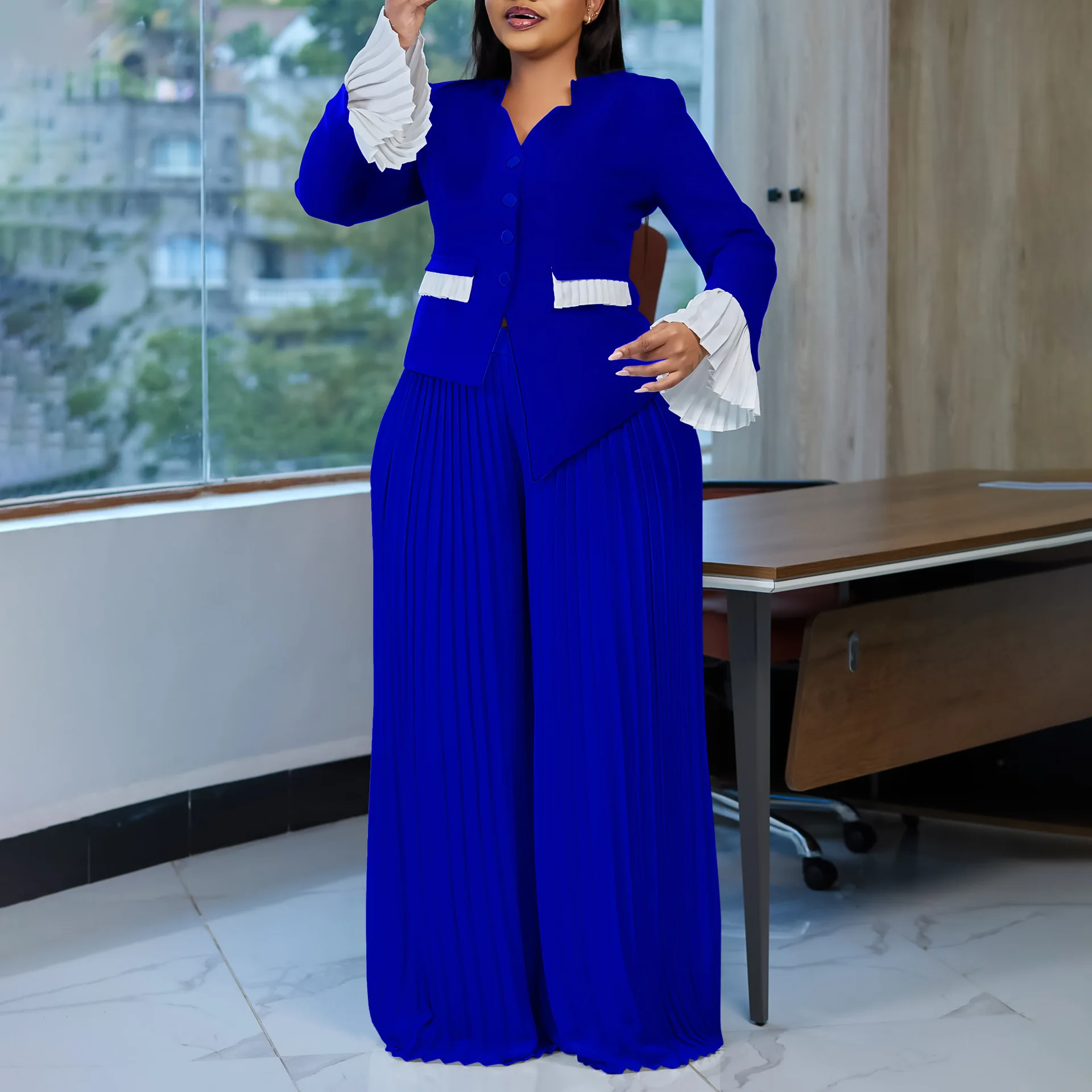 D3328 Plus Size Fashion Women's Flare Sleeve Top With Pleated Wide-leg Pants Set Two-piece Outfit Dresses For Women Sexy Bandage