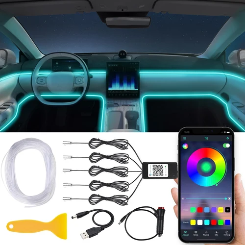 Luces de alambre EL flexibles con Control por aplicación, tira de luces de ambiente, lámparas decorativas, tira Led RGB de neón para Interior de coche de 12V