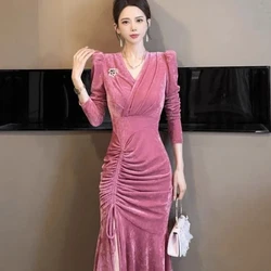 European Women's New V-Neck Dress Evening Gown High-end Light Luxury Niche Pink High-end Sense Temperament Long Sleeves Dresses