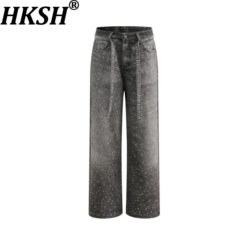 

HKSH Spring Men Tide Trend American Vintage Star-patterned Denim Pants Women High Street Washed Loose Straight-leg Jeans HK20255