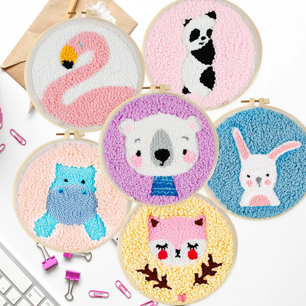 

CHENISTORY Cute Panda, Rabbit, Hippopotamus Animal Pattern Punch Needle Rug Punch Kit with Threader for DIY Kit Room Decor