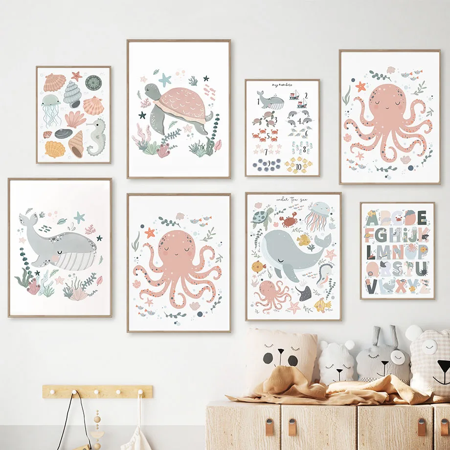 Boho Whale Turtle Octopus Mermaid Alphabet Cartoon Poster Nordic Wall Art Print Canvas Painting Pictures Baby Kids Room Decor