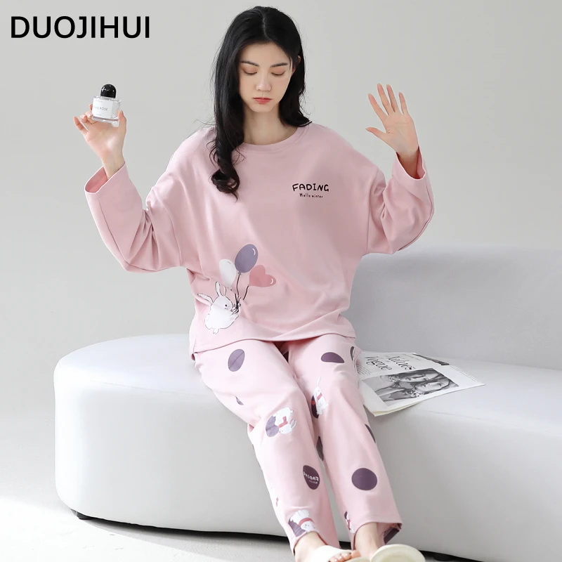 DUOJIHUI New Solid Color Fashion Print Women's Pajamas Set Basic Long Sleeve Top Loose Simple Pant Casual Home Pajamas for Women