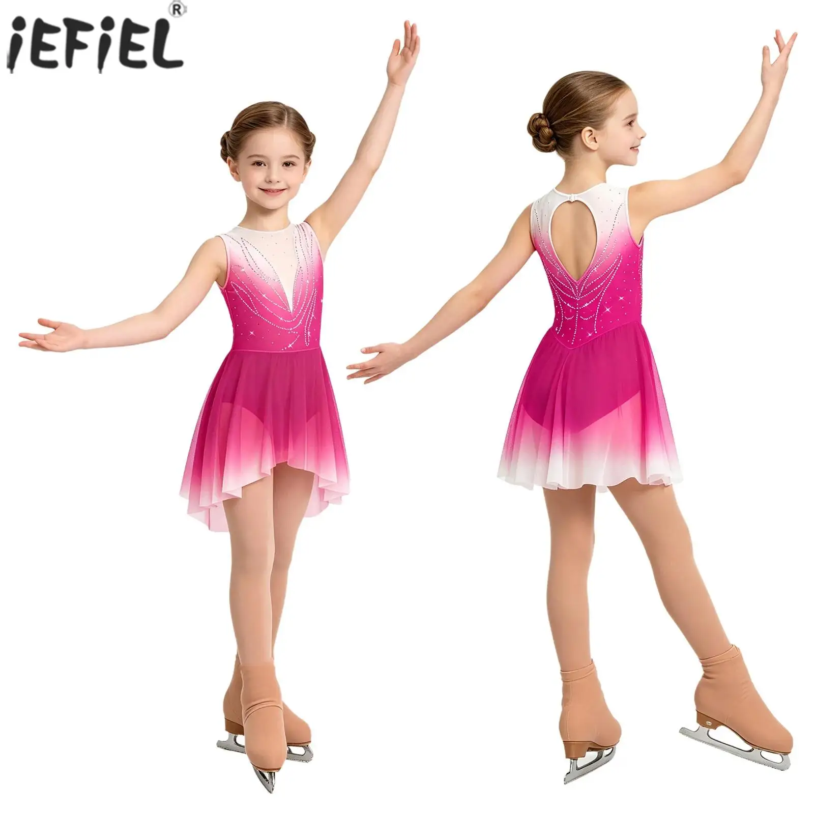 Traje de patinaje artístico para niñas, vestido de malla sin mangas con pedrería brillante, leotardo de ballet y gimnasia rítmica