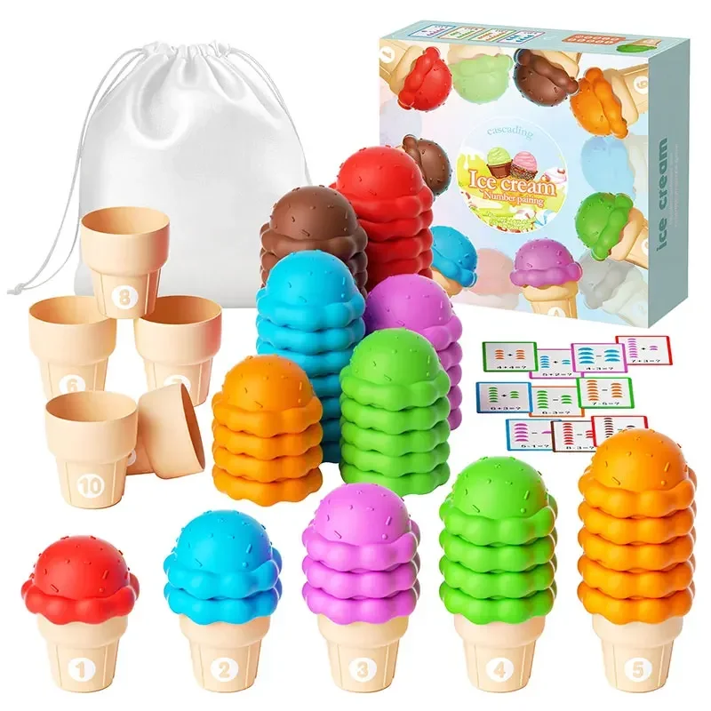 Eis-Stapel-Spiel für Kinder, sensorische Farbe, kognitives Zählen, Eiscreme-Spielzeug, Zahlen- und Farbsortierung, passendes Spielzeug für Jungen und Mädchen
