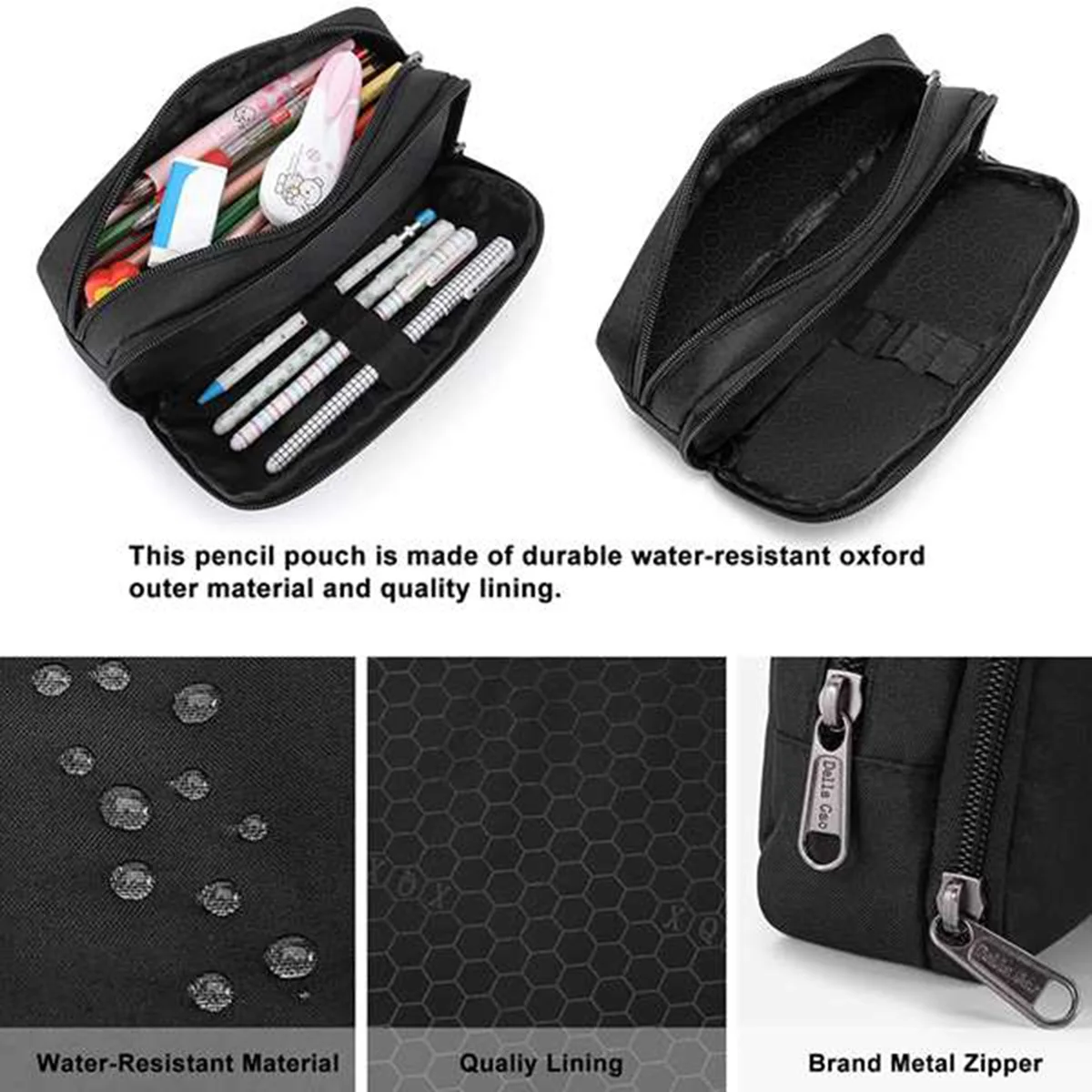 옥스포드 보관 파우치 마커 펜 케이스, 3X 대용량 연필 케이스, 간단한 문구 가방, 학교 사무실 정리함, 블랙