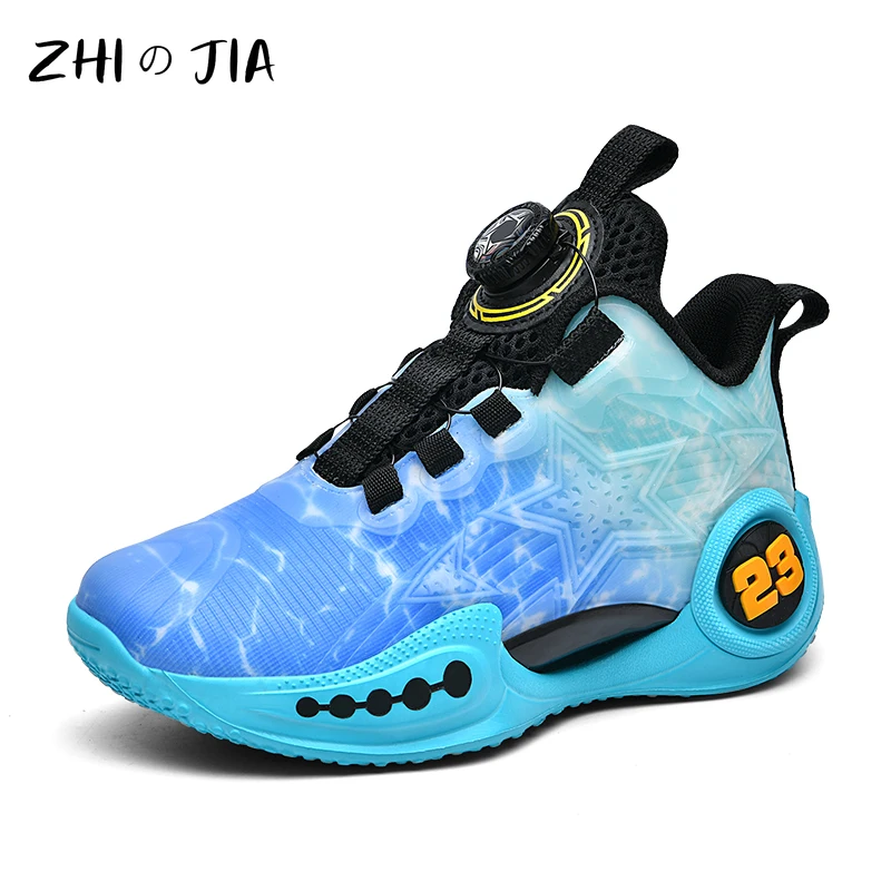 Children's Basketball Shoes Rotating Buckle High Top Mesh Breathable Sneaker teenagers Boys Girls Fashionable Casual Footwear