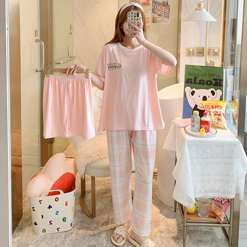 3 Sets Of New Summer Women\'s Pajamas Set Of Short-Sleeved Long Pants Casual Girls Homewear Sets Teenage Night Homewear Suit New