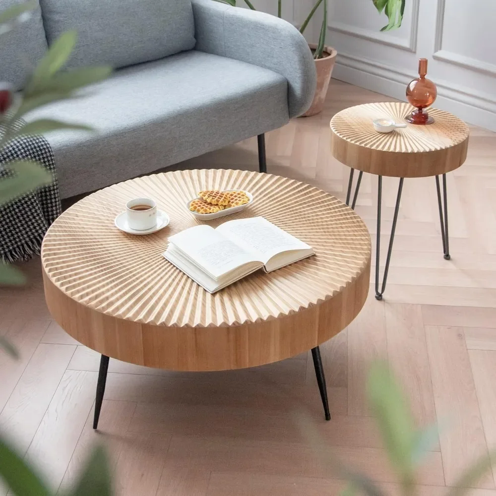 2-Piece Modern Farmhouse Coffee Table  ,Round Natural Finish with Handcrafted Wood Radial Pattern Living Room Table Sets