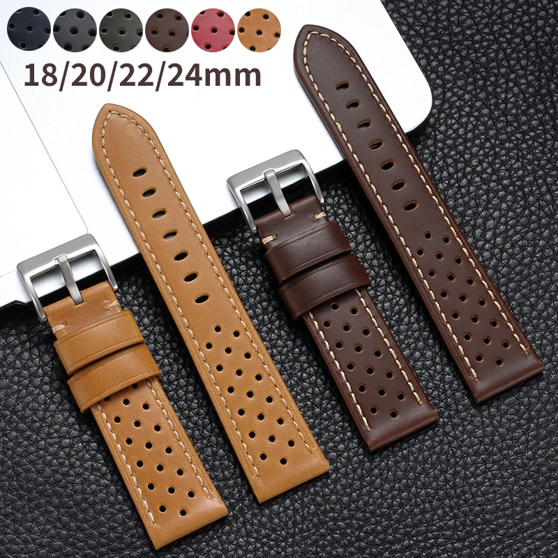 18/20/22/24 mm Uhrenarmband aus echtem Rindsleder, perforiertes, atmungsaktives Lederarmband, handgefertigtes, weiches, bequemes Vintage-Armband