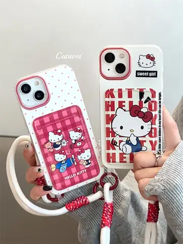 iPhone 16 15 Pro Max 14 Plus 11 12 Mini 13Pro X XS XR 7 8 SE के लिए Kawaii Kitty फैमिली कार्ड होल्डर कार्टून फ़ोन केस लैनयार्ड के साथ 8 best sales कास्टिफाई फोन केस - №1
