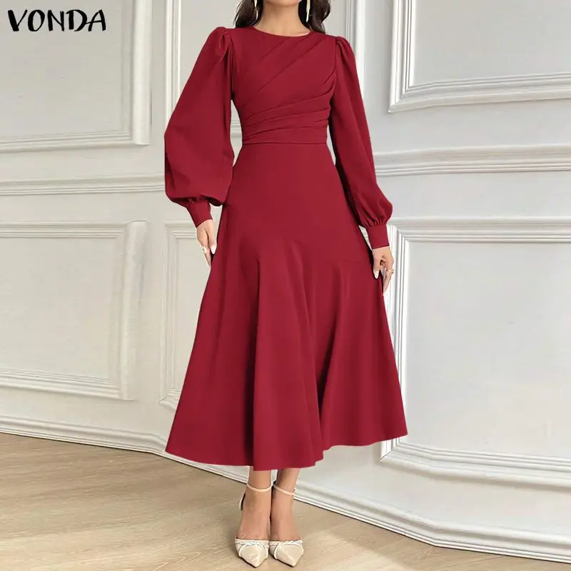 

Плюс размер 5XL VONDA Элегантные длинные платья Женские вечерние платья Vestidos Модный длинный рукав-фонарик Повседневный плиссированный однотонный халат миди