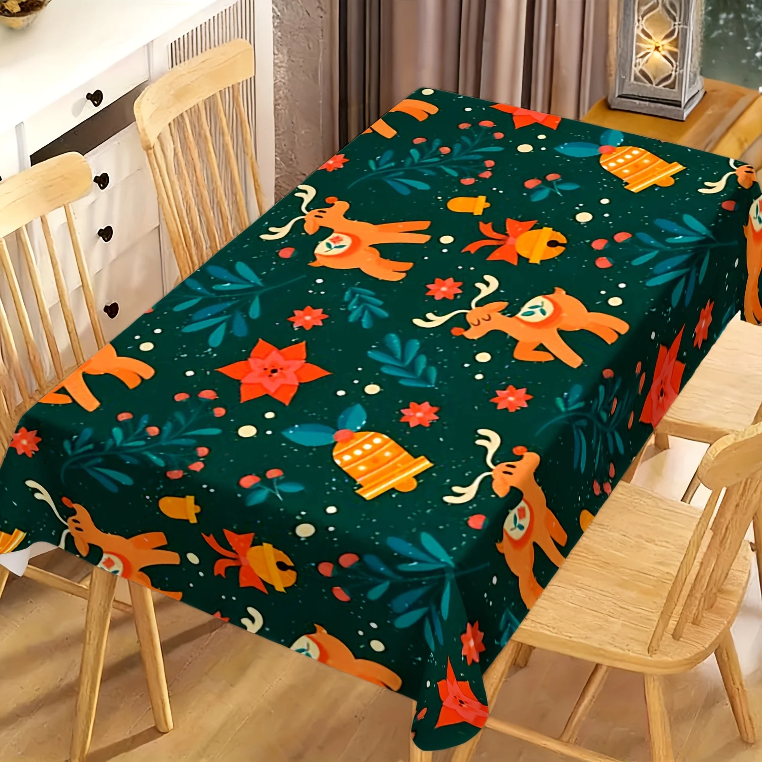 Christmas Tablecloth, Dark Green Reindeer Bell Floral Print Cover, Washable Table Cloth for Party, Winter Holiday Home Decor