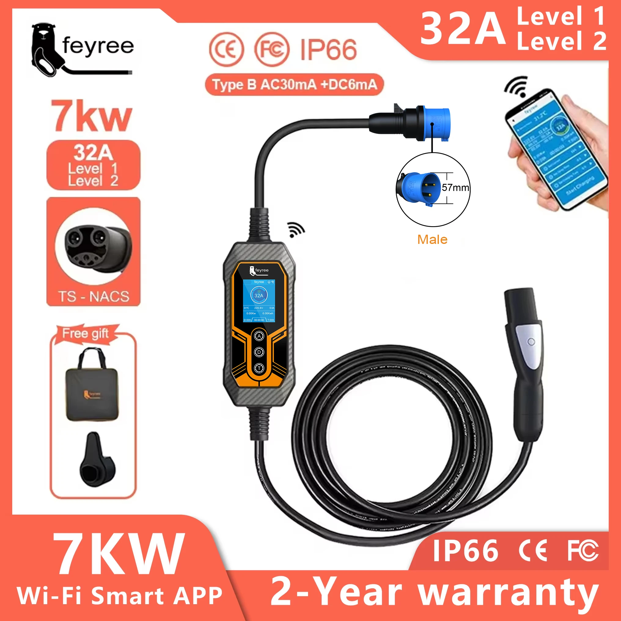 feyree GB/T Portable EV Charger 32A 7KW 1Phase APP Bluetooth Version EVSE  Cable 5m CEE Plug for Electric Vehicle