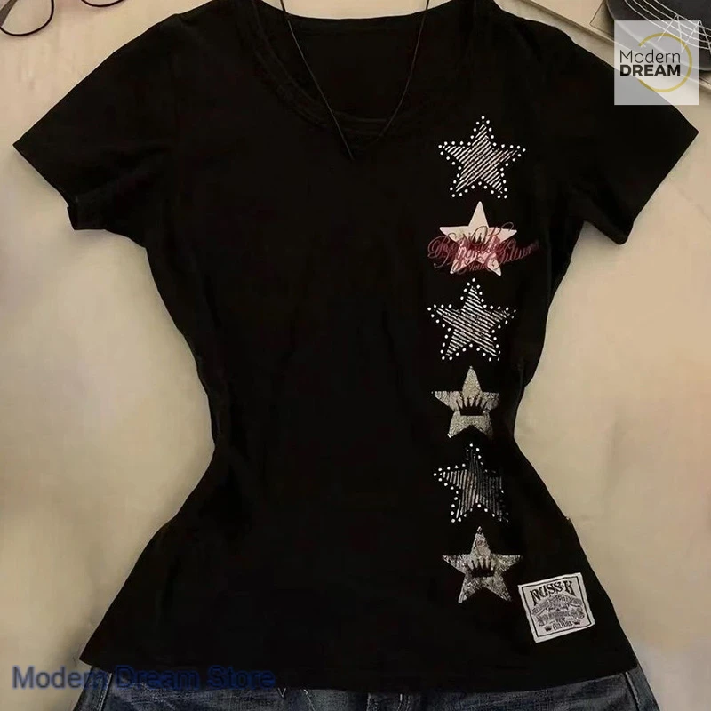 Korean slim print with five-pointed star pattern short-sleeved T-shirt women's summer new retro fat mm meat-covered casual top