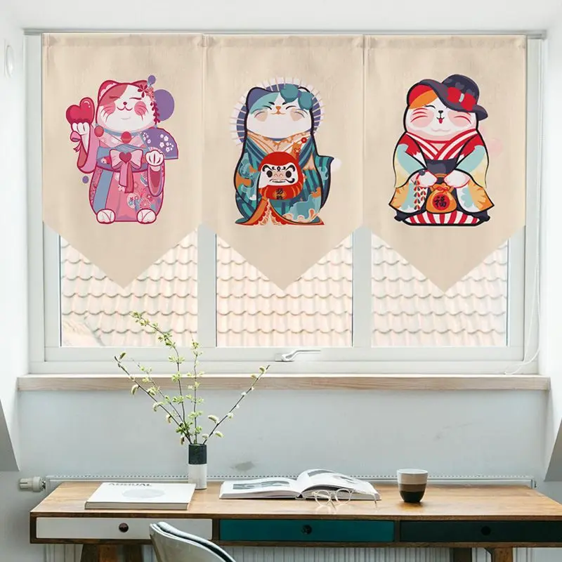 VIKAMA Maneki Neko Lucky Cat Triangular Curtain Kimono Fortune Longevity Health Gold Wealth Red Kitchen Window Valance Decor