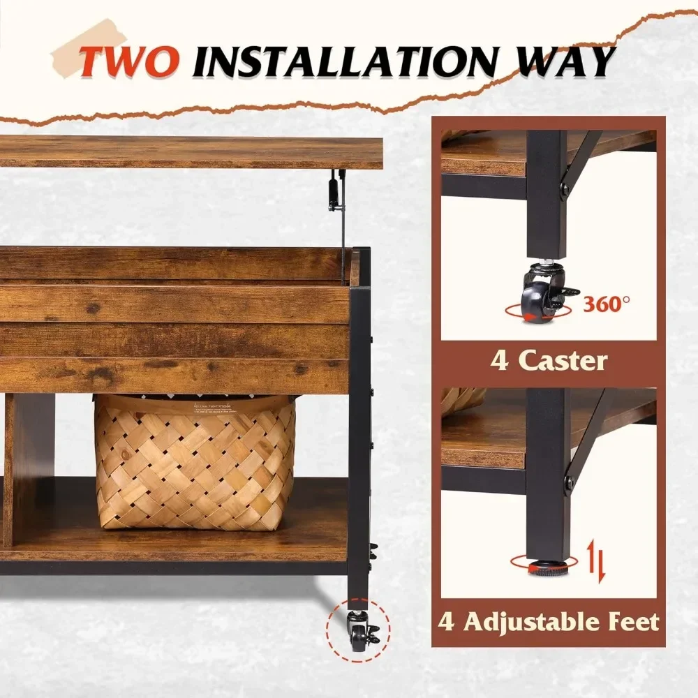 Lift Top Coffee Table for Living Room, with Storage, Hidden Compartment and Metal Frame,Central Table with 4 Casters Living Room
