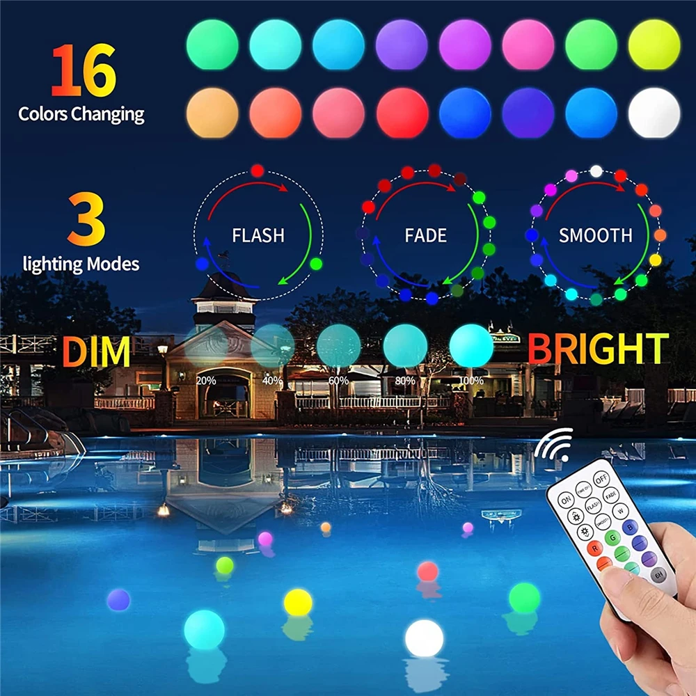 LED Floating Pool Light 16 Colors Pond Ball Lights Night Lamp Remote Swimming Pool Outdoor Lighting with Hook for Garden Decor