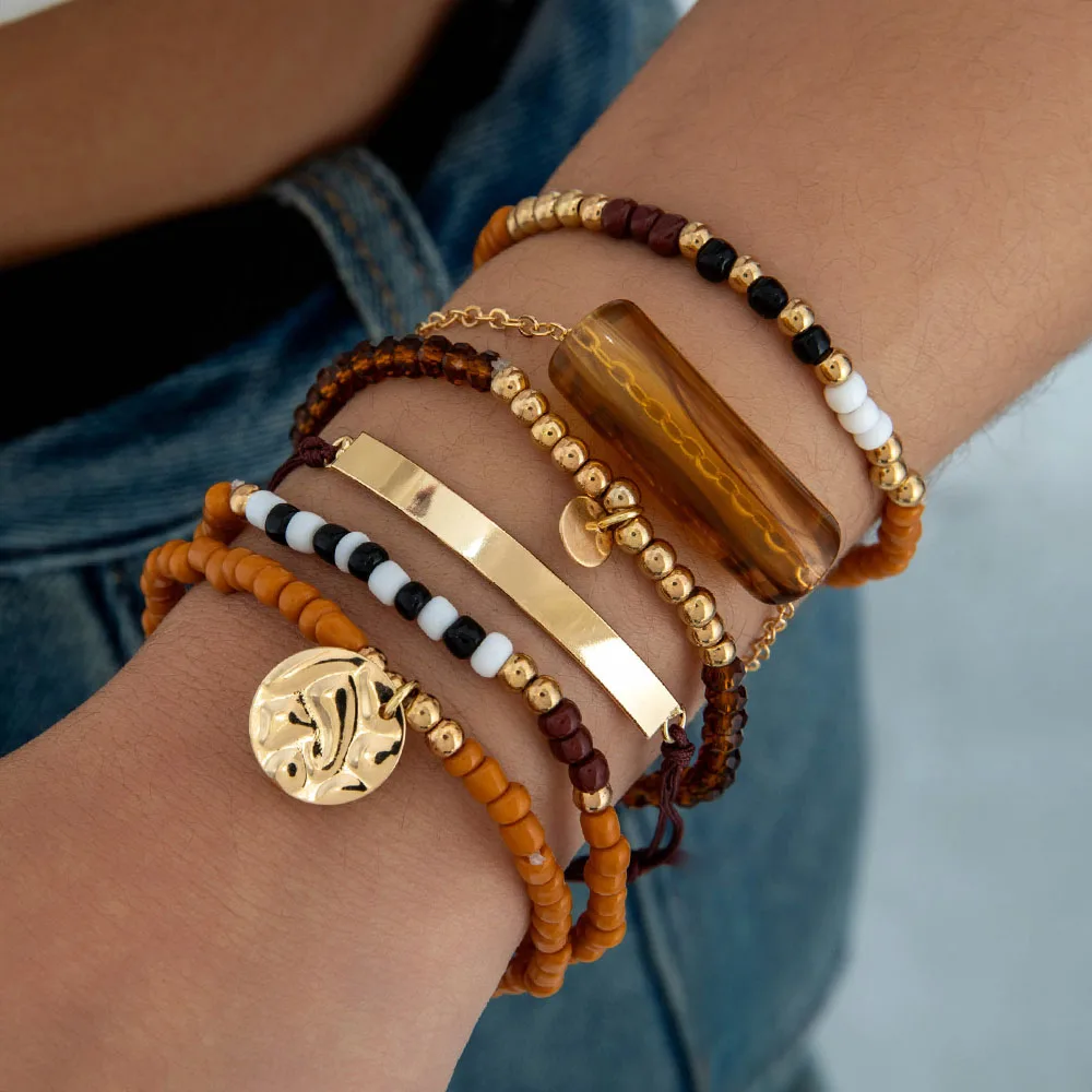 6Pcs Boho Brown Beaded Bracelets Set Gold Cuff Coin Charm Stackable Bracelets for Women Daily Vacation Ethnic Y2K Hand Jewelry