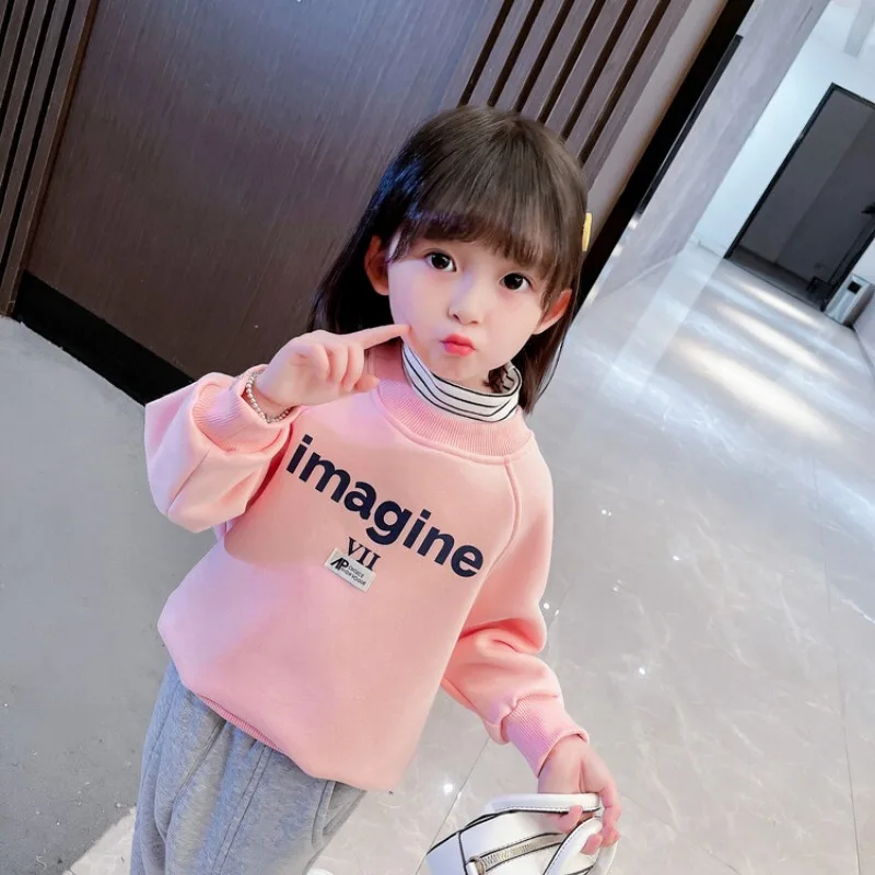 1-6 Years Old Girl Autumn Turtleneck Plus Velvet Letter Pink Sweater Kids Boutique Clothes Girls