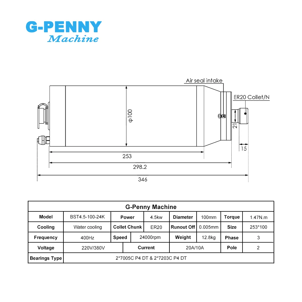 G-Penny 4.5KW ER20 Bullet Nozzle Spindle Water Cooling for Granite 6000-24000rpm D100mm Ceramic Bearings & 3.7KW VFD & Bracket