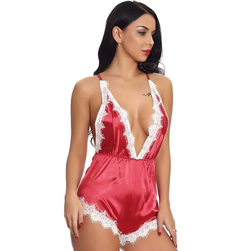 

Romantic and sexy lingerie with lace and seductive deep V one-piece sleepwear, split back and hollow out sexy lingerie