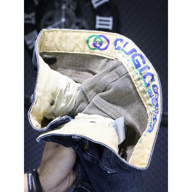 Light Luxury High-End Men's 2024 Four Seasons Washed-out Vintage Embroidery Stretch All-Matching Slim-Fit Straight Trousers