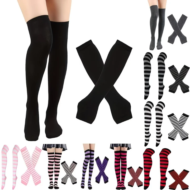 Damen Strümpfe Armstulpen Handschuhe Set Gestreifte Overknee-Socken Damen Mädchen Schwarz Weiß Lange Überkniestrümpfe Lolita 2026