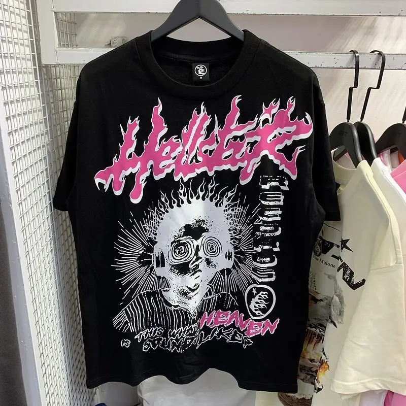 2026 new Neutral style black short-sleeved T-shirt with flame metallic font and bizarre face punk pattern T-shirt