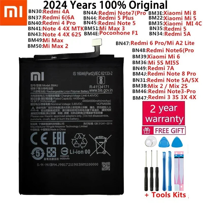 Original Battery For Xiaomi Mi Redmi Note Mix Max 2 3 K20 A2 A3 3S 3X 4 4X 4A 5A 5 5S 5X M5 6 6A 7 7A 8 8T 9 9T SE Pro Plus Lite