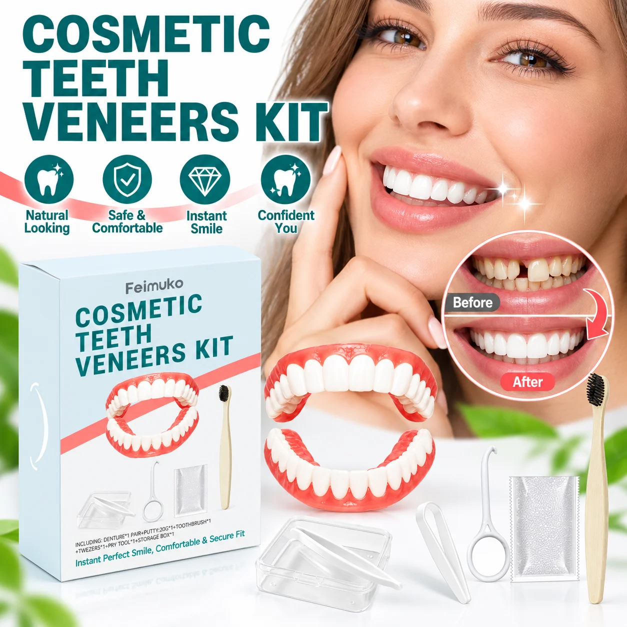 Cosmetic Teeth Veneers Kit, Adjustable False Teeth for Fitting, Natural Looking Dentures for Adults with Accessories
