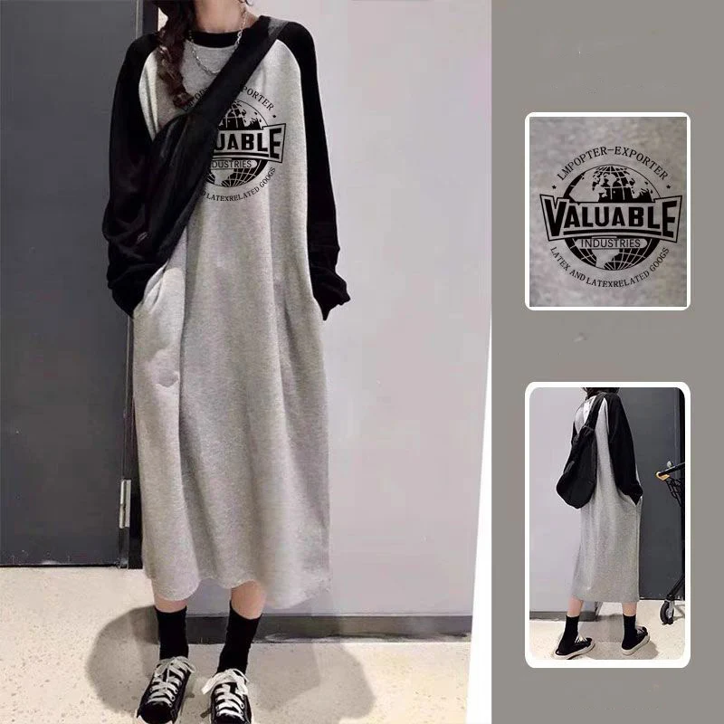 Fashion O-Neck Spliced Printed Letter Pockets Casual Dresses Women\'s Clothing 2023 Autumn Winter Oversized Commuter Midi Dress