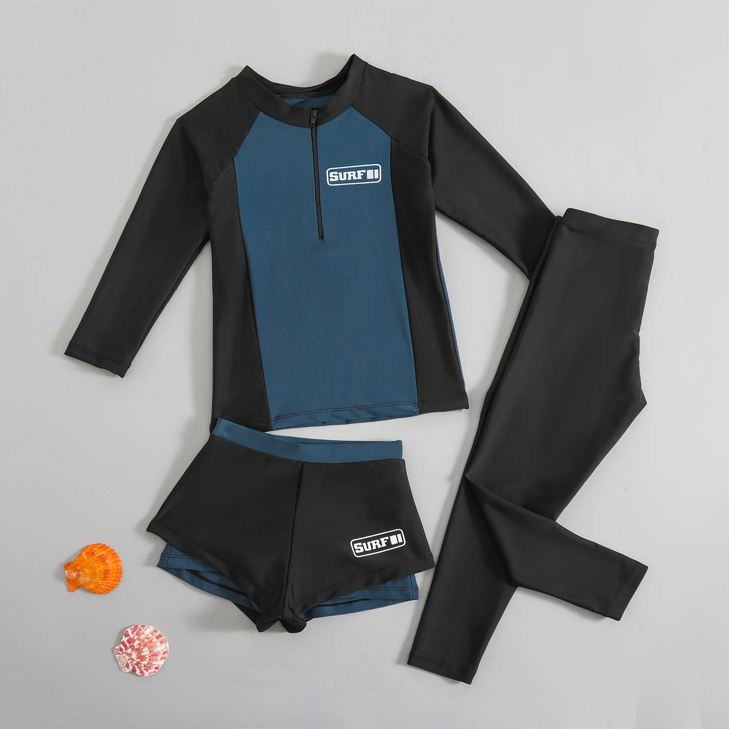 Korean children's swimwear for older boys and girls, long-sleeve, sun-protective, quick-dry two-piece swimsuit